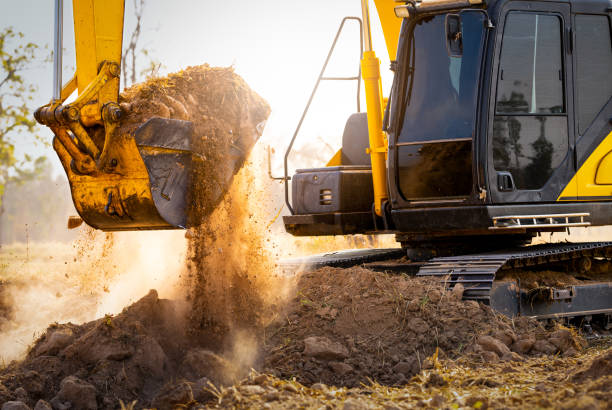 Excavator digging at golden hour